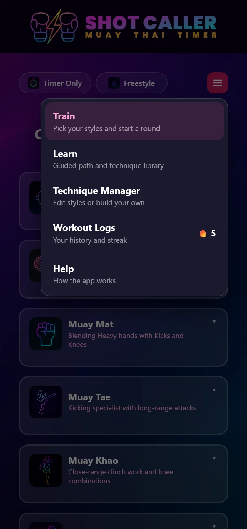 The app menu open over the home screen, listing Train, Pick your styles and start a round; Learn, Guided path and technique library; Technique Manager, Edit styles or build your own; Workout Logs, Your history and streak, with a flame and the number 5; and Help, How the app works.