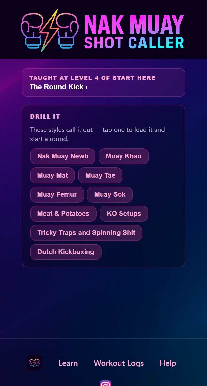 The bottom of a lesson page: a link reading Taught at level 4 of Start Here, The Round Kick, above a Drill It panel listing styles that call the technique.