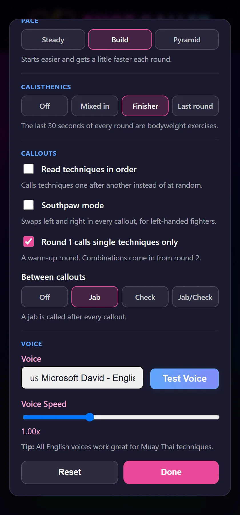 The lower half of the Session Settings sheet. Calisthenics is set to Finisher, with the note The last 30 seconds of every round are bodyweight exercises. Under Callouts, Round 1 calls single techniques only is ticked. Between callouts is set to Jab, with the note A jab is called after every callout. Below are the voice picker, voice speed, and Reset and Done buttons.