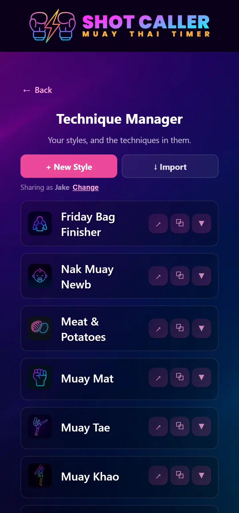 The Technique Manager screen. A custom style called Friday Bag Finisher sits at the top of the list, above the built-in styles, each with a share button, a duplicate button and an expand button. Under the New Style and Import buttons a line reads Sharing as Jake, Change.