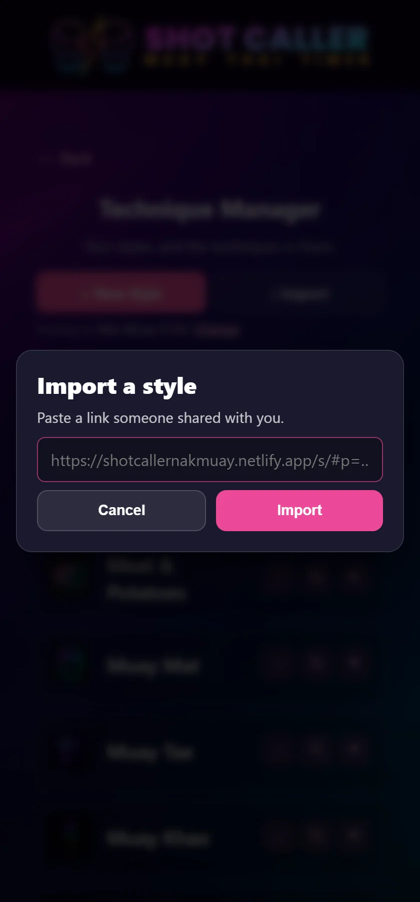 A dialog titled Import a style, reading Paste a link someone shared with you, with a field for the link and buttons for Cancel and Import.