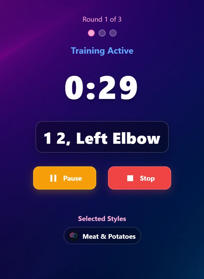The app mid-round: round 1 of 3, a 0:29 countdown, and the callout "1 2, Left Elbow" below it.