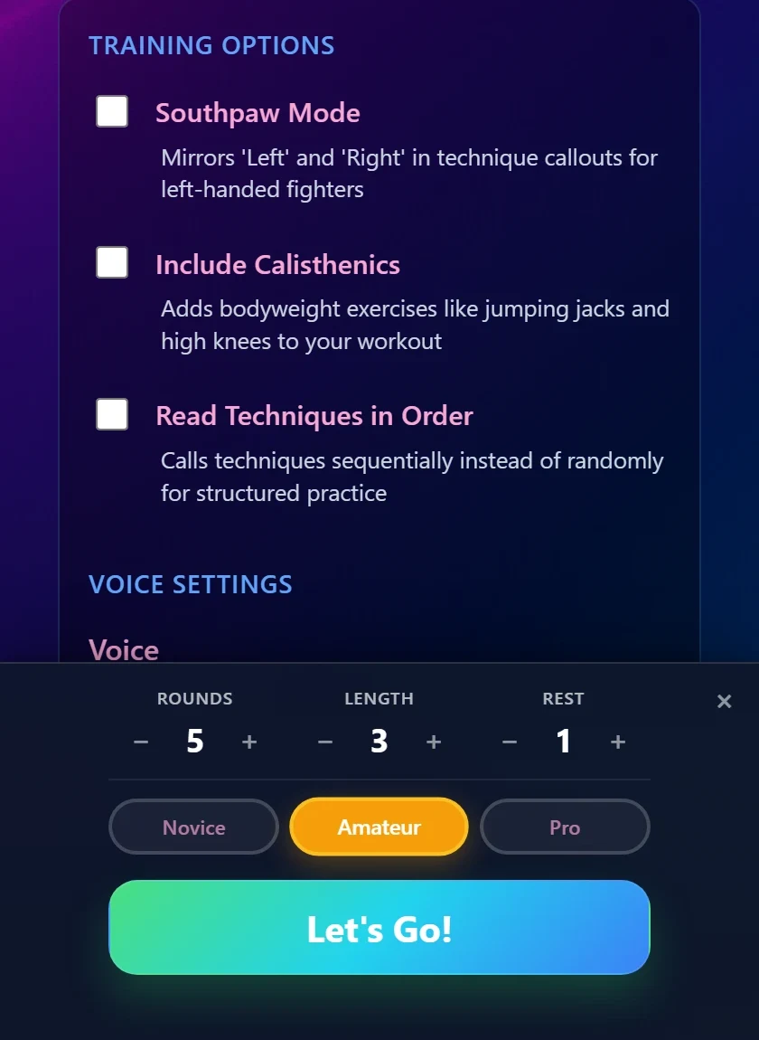 Training options: southpaw mode, include calisthenics, and read techniques in order, above the rounds, length and rest controls.