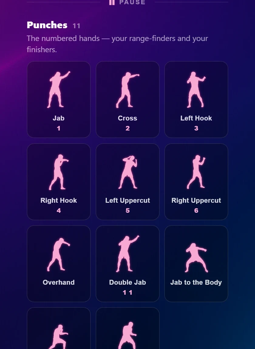 The technique shelf: punches shown as pink neon silhouettes, each labelled and numbered.