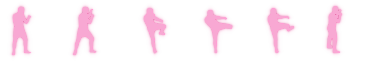 Animated neon silhouette of the roundhouse kick, looping through six frames.